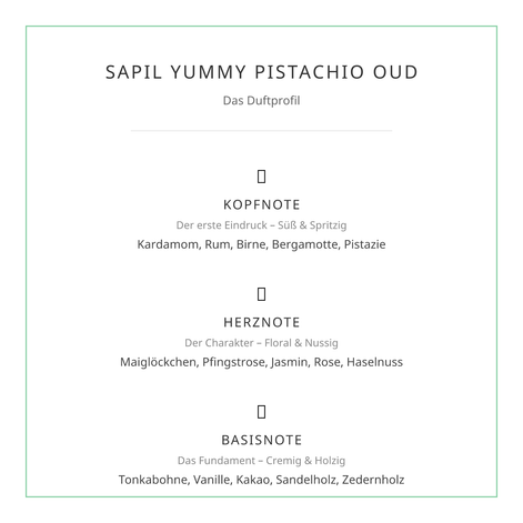 Sapil Yummy Pistachio Oud (Eau de Parfum) – Das ultimative Pistazien-Dessert